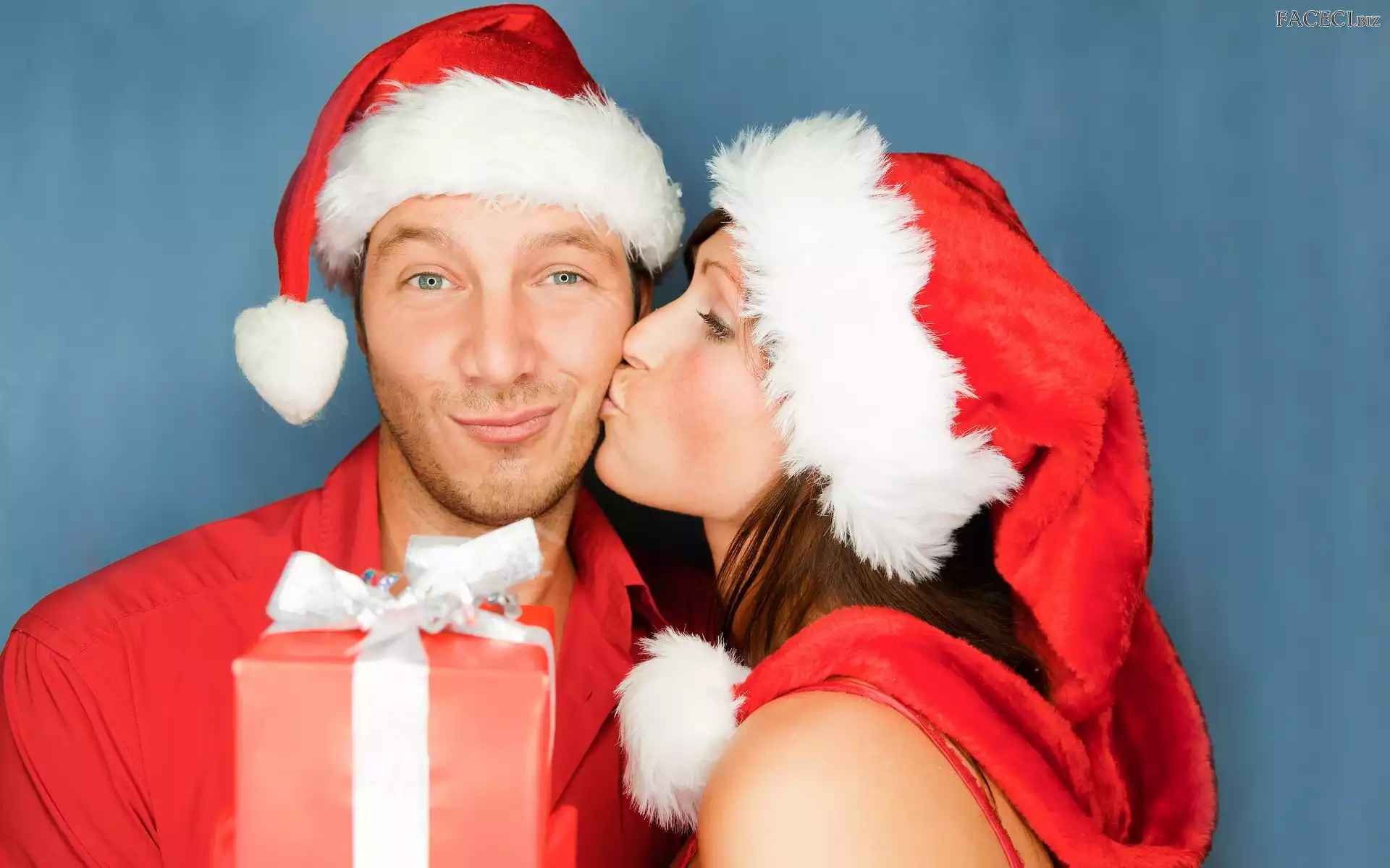 Czerwona, Para, Całus, Mikołaja, Prezent, Czapki